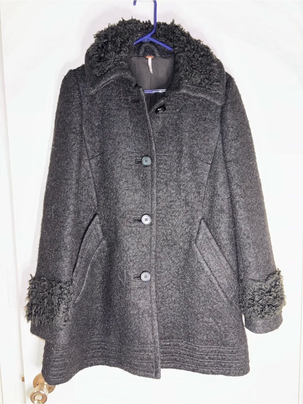 Free People Charcoal Black Wool Pea Coat with Faux Shearling Trim